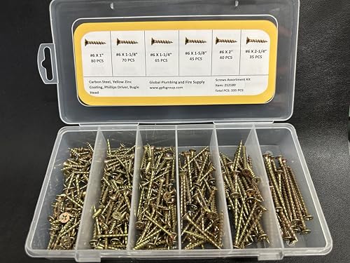 AKW Drywall Screws Assortment Kit #6 Wood Screws, 335pcs Carbon Steel, Yellow Zinc Coating, Phillips Driver, Bugle Head 6 Sizes 1",1-1/4" 1-1/8", 1-5/8", 2", 2-1/4"