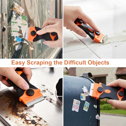2 Pack Razor Blade Scraper Tool, 2-in-1 Razor Scraper With 60 Pcs Razor Blades 20 Pcs Metal and 40 Pcs Plastic Razor Blades, Cleaning Scraper Tool, Cooktop, Paint, Glass Scraper, Decal, Sticker, Label