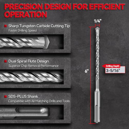 SALI SDS Plus Rotary Hammer Drill Bit Set，1/4" x 6", 10-Pack, Carbide-Tipped Masonry Bits for Concrete, Brick & Stone with Storage Case - size: 1/4"*6"