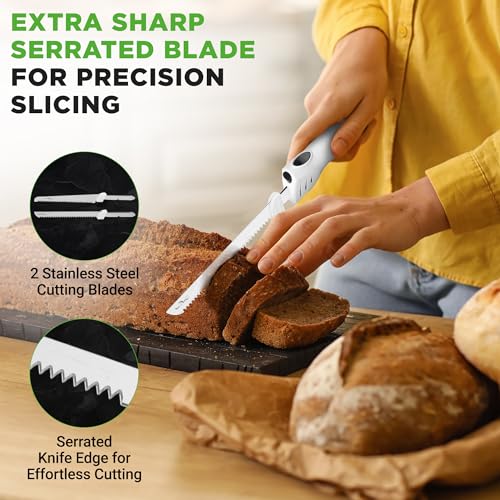 NutriChef Electric Carving Turkey Slicer Kitchen Knife | For Thanksgiving | Portable Electrical Food Cutter Knife Set with Carve Blades & Wood Stand | Cuts Meat, Bread, Cheese & Fruit | White