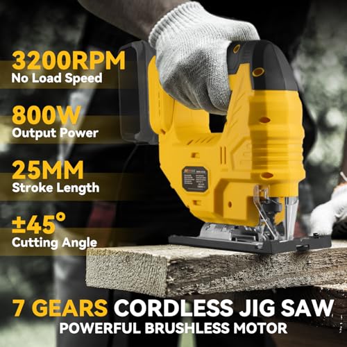 DEMIMA Cordless Jig Saw for Dewalt Battery, 7 Speed Variable Up to 3200RPM, LED Light, 45° Bevel Cuts, 3 Orbital Motions, with Jig Saw Blade for Straight/Curve/Circle Cutting(Battery Not Include)
