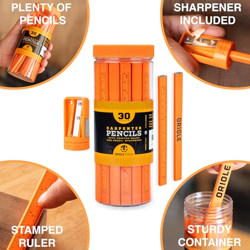 Oriole Carpenter Pencils Bulk Set with Sharpener and Ruler, 30 Flat Pencils