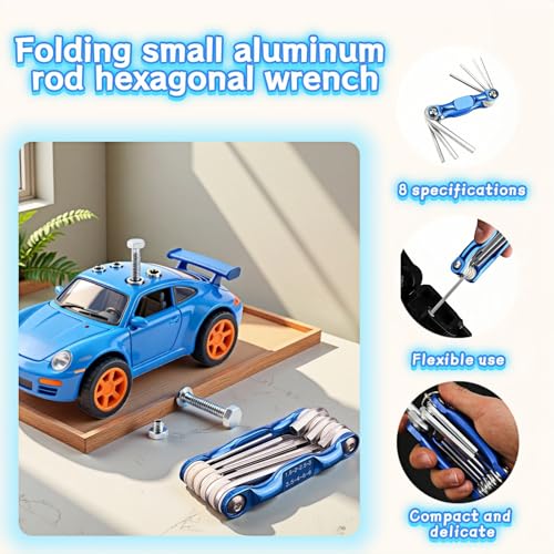 Professional 8-in-1 Folding Hex Key Set, CR-V Steel Metric Allen Wrench Multi-Tool, Blue, 1.5-6mm, Compact Design with Carabiner for Bike, Auto, Furniture Repair