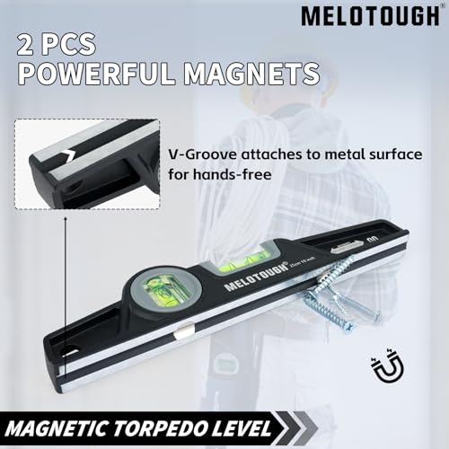 MELOTOUGH 10 Inch Die-Cast Magnetic Torpedo Level,Magnetic Level for Carpenter,Construction,Scaffolding, Plumbing Torpedo Level with Rare Earth Magnet,Pencil and Holster,Black,2PCS - color: Black-2pcs