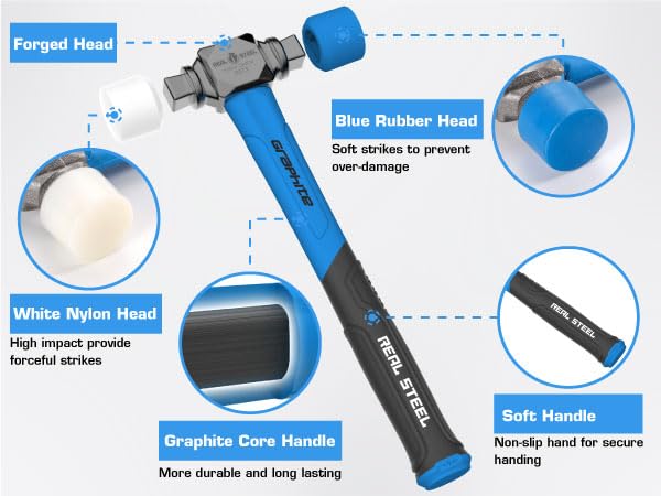 REAL STEEL Small Rubber Mallet Hammer 12 Oz Double Face Hammer Soft/Hard Graphite Core Handle (0313) - style: Jaceketed Graphite Handle