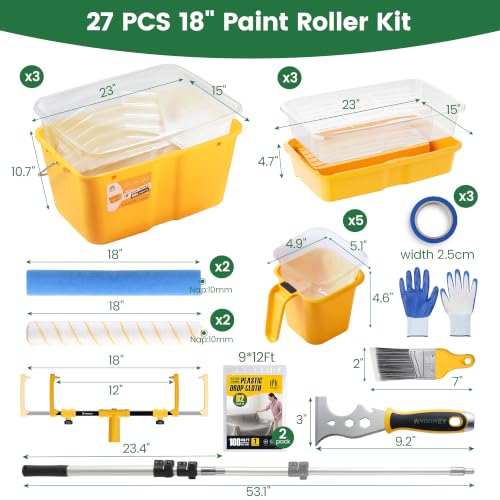 VOOMEY 18 Inch Paint Roller Kit with 1.34M Extension Pole - size: 27pc with 1.35M Extension Pole