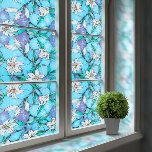 rabbitgoo Stained Glass Window Privacy Film, Blue Lily, 17.5" X 157.4" | Anti UV Heat Blocking Frosted Glass Static Cling Removable, for Bathroom, Bedroom, Living Room - color: Blue Lily, size: 17.5" x 157.4"