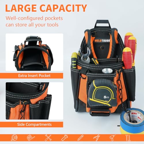 MELOTOUGH Small Electrician Tool Pouch With Belt Clip Attachment - 9 Pockets Tradesman Bag With Tape Thong - Holster for Electricians - color: Orange Electrician Tool Pouch