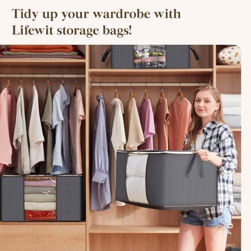 Lifewit 6 Pack Clothes Storage Bins with Lids, Foldable Blanket Storage Bags with Zippers, Clear Window and Reinforced Handles, Closet and Organization for Clothing, Sweater, Comforter, Bedding - size: 60L