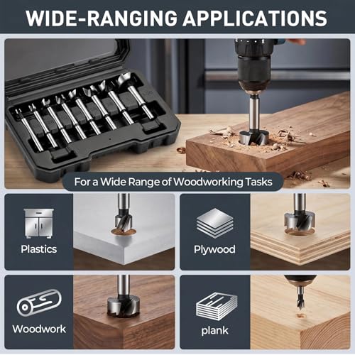 Forstner Bit Set, 8Pcs Wood Drilling Bits for Flat-Bottom Holes