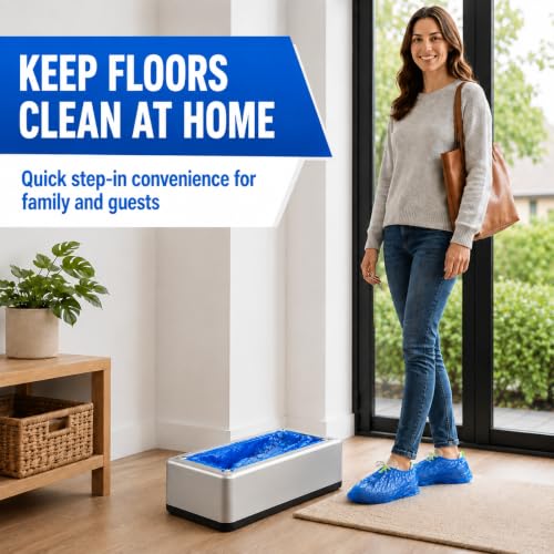 Shoe Covers Dispenser with 200 Pcs (100 Pairs), Disposable Non-Slip Covers, Automatic Shoe Cover Machine deal for House, Hands-Free Design, Fits Most Sizes, Office, Hospital Floor Protection (Silver)