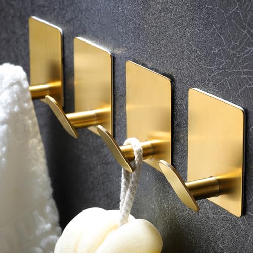 DELITON Gold Towel Hooks- 4 Pack Adhesive Hook for Coat Robe Clothes Stick on Bathroom Wall Brushed Gold Finish Heavy Duty, Stainless Steel - color: Gold-4