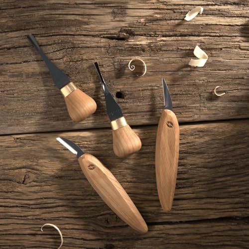 Flexcut Premium Series Wood Carving Tool Set, 4-Piece Beginner Palm & Knife Set with Cutting and Detail Knives, Sweep and Parting Palm Tools, Ergonomic Cherry Wood Handles, USA Made