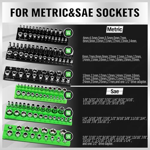 Magnetic Socket Organizer Set, 6-piece 1/4", 3/8", 1/2" SAE & Metric Sockets Holder, Drive Socket Trays, Storage Tool Box, Holding 143 Slots, Soft Rubber Covering Black Green Tools - style: 6PCS Green/Black