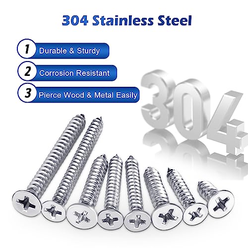 520PCS Wood Screws Assortment Kit - Stainless Steel Self Tapping Screw Set, Assorted Small Self Drilling Drywall Screws with Case, #4#6#8#10 Phillips Flat Head Sheet Metal Screws, Length 1/4" to 3"