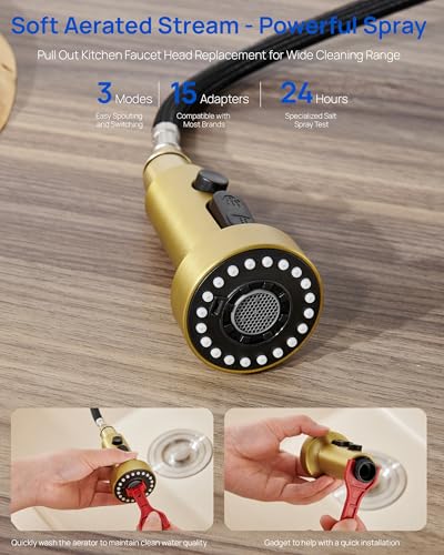 J-HVA Pull Down Kitchen Faucet Sprayer Head Replacement Part, Brushed Gold | 3 Function with 15 Adapters Pull Out Sink Sprayer Replacement Nozzle, Kitchen Faucet Head Hose Spray Tap Spout - color: Brushed Gold