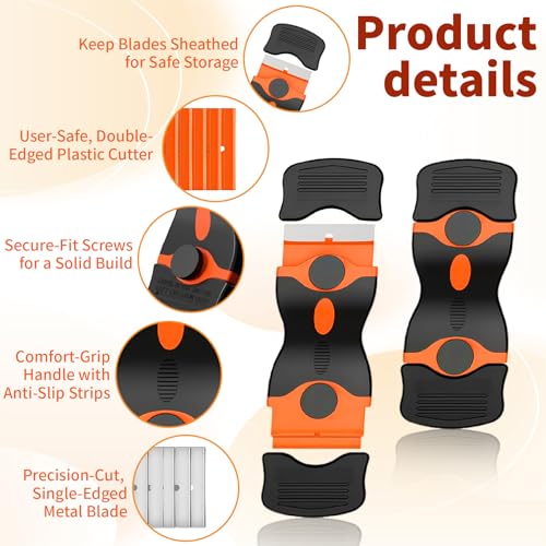 Razor Blade Scraper Tool -4 Pack Cleaning scrapper with 10 Metal & 10 Plastic Razor Blades Multi-Purpose Glass Scraper for Windows, Sticker, Decals, Cooktop, Paint Removal,Stovetop(Orange)