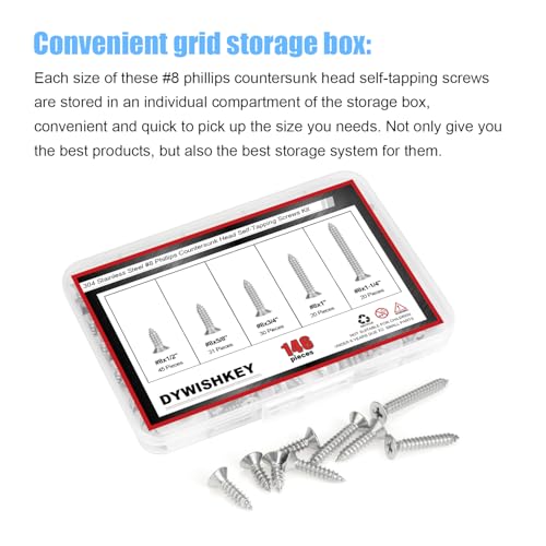 DYWISHKEY 146-Piece Wood Screws Assortment Kit - #8 x 1/2", "5/8", "3/4", "1", "1-1/4" Screws - size: #8