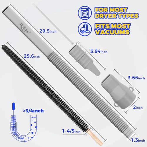 Holikme Dryer Vent Cleaner Kit, Vacuum Hose Attachment, 2-Piece, Gray | Adjustable Cable Tie for Easy Attachment, Flexible Lint Brush Removes Lint from Dryer Lint Screens and Tight Spaces - color: Gray