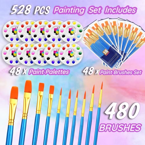 528PCS Valued Paint Brushes and Palettes Set，48Pack of 480PCS Paint Brushes Bulk, 48 Paint Paint Trays, Artist Acrylic Brushes Nylon Brush Head, Suitable for All Purpose Oil Watercolor Painting Set
