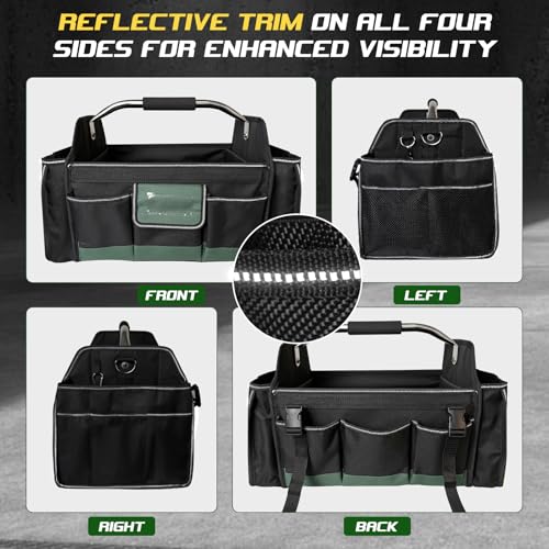 18 Inch Open Top Tool Bag, Tool Bags for Men with 30 Pockets, 1680D Waterproof Fabric, Foldable Electrician Tool Bag with Rotating Handle, Reflective Tool Organizer for Men, Green - color: Black-Green