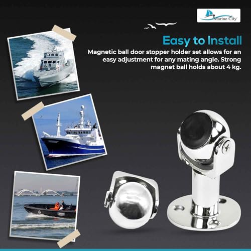 Marine City Magnetic Ball Door Window Stopper Set, 316 Stainless Steel, Corrosion-Resistant, Holds 4kg, Extendable 73mm-100mm, Ideal for Boats, Yachts, Ships