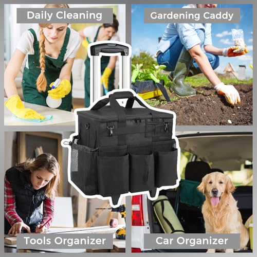 SCAVATA Rolling Cleaning Caddy Bag with Detachable Trolley, Large Cleaning Supplies Organizer with Wheels, Multi Pocket Cleaning Cart with Adjustable Shoulder Strap for Housekeepers & Home Use, Black - color: Black