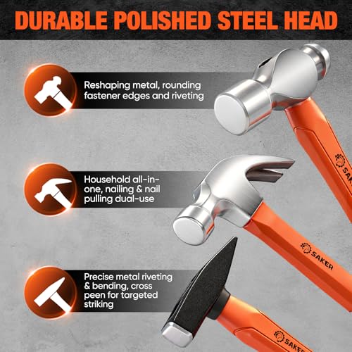 Saker 6-Piece Hammer Set, 3lb Sledge Hammer,16oz Rubber Mallet, 16oz Ball Peen Hammer & Claw Hammer, 14oz Double-Faced Mallet, 7oz Cross Peen Hammer for Home Repair & DIY Projects - size: 6 Piece