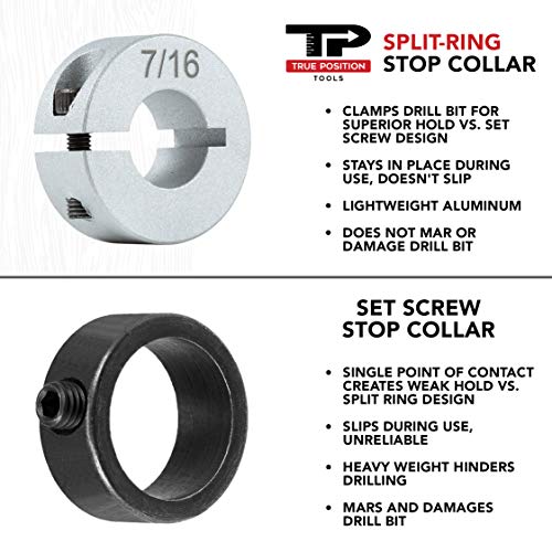 Professional Stop Collar Set - Drill Bit Depth Stop - 8 Piece Kit (1/2”, 7/16”, 3/8”, 5/16”, 1/4", 7/32”, 3/16”, 1/8”) Superior Aluminum Split Ring Design