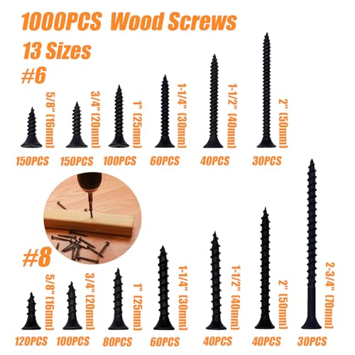 1000PCS Wood Screws Assortment Kit, Drywall Screws, Assorted Wood Screws, Phillips Flat Head Wood Screws, Screws Assortment, 13 Sizes (2-3/4'', 2'', 1-1/2'', 1-1/4'', 1'', 3/4'', 5/8'') - size: 13 Sizes - 1000PCS