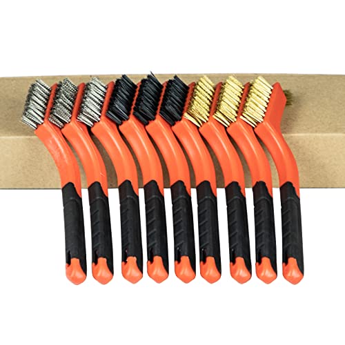 SALI 9pcs Wire Brushes for Cleaning Rust Removal Nylon/Brass/Stainless Steel Bristles with Curved Handle Grip for Dirt & Paint Scrubbing Removing Unfinished Metal Parts, Paint Stains Household Clean