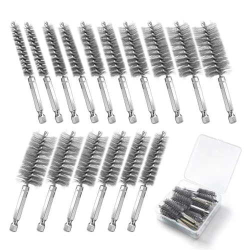 16 Pcs Wire Brush Set for Drills, Stainless Steel and Brass Bore Cleaning Brushes with 1/4" Hex Shank, Compatible with Power Drills, Grinders, and Impact Drivers (8-25mm) - color: Silver