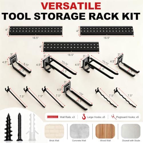 Garage Tool Organizer Wall Mount 49.5 inches with 10 Adjustable Heavy-Duty Hooks, Garage Organization, Garden Tool Storage Rack, Yard, and Shed, Holds Up to 400 lbs - size: 49.5" | 3 Panels + 10 Hooks