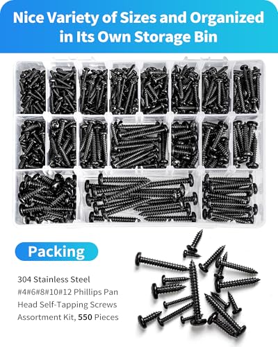 550Pcs 304 Stainless Steel Black Wood Screws Assortment Kit, Phillips Pan Head Sheet Metal Screw Self Tapping Screws Set, #4#6#8#10#12 Wood Assorted Screws (Black-Pan Head 550PCS) - style: Black-Pan Head 550PCS