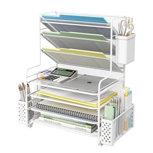 Simple Trending 7 Tier Desk File Organizer, Letter Tray Paper Organizer with Pen Holder and Metal Hanging Basket, White - color: Pen holder White