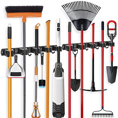 IMILLET 2 Pack Broom Holder Wall Mount, Heavy Duty Garage Organization - color: 5 Racks with 4 Hooks, size: 2 Pack