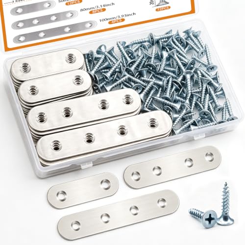 mankk 96PCS Flat Metal Brackets Mending Plate Stainless Steel Flat Straight Brace Brackets Fixed Connecting Plate for Wood Repair Fixing - color: Silver-50/80/100mm
