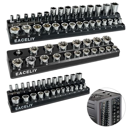 EACELIY Magnetic Socket Organizer Set,Metric Socket Holder Kit, Socket Trays，holds 75 Deep and Shallow 3/8" Sockets(sockets not included) 丨3Pcs 1/2", 1/4" and 3/8" （Black） - size: 3PCS Metric 1/2&3/8&1/4