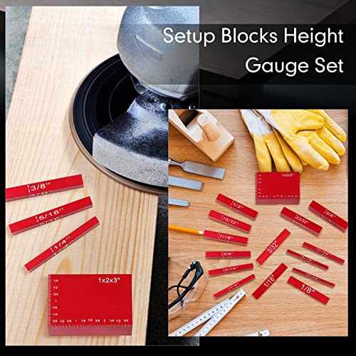 Setup Blocks Height Gauge Set, 15 Pieces Aluminum Block Precision Saw Kit Drill Press Table Router Setup Blocks Woodworking Tool Bars Accessories Laser Engraved Size Markings(Red)