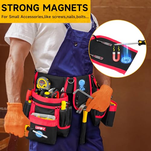 Tool Belt with 4 D-Rings,27-Pockets Tool Belts for Men,Construction - color: Red & Black, size: 27 Pockets with Magnet Pouch