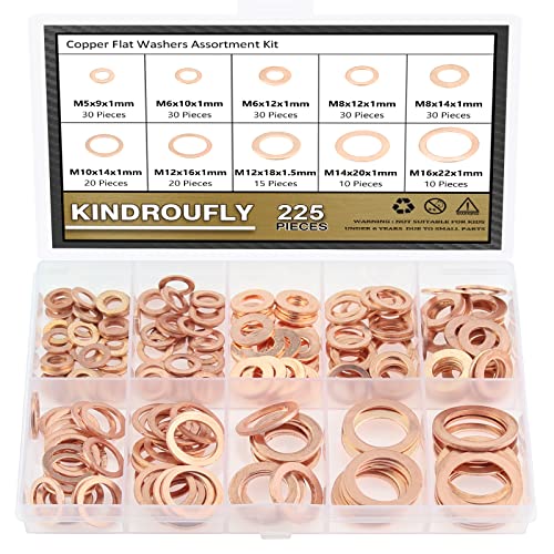225 Pieces Copper Metric Flat Washers, Sealing Washers, Kindroufly 10 Sizes Copper Washers, Metal Washers Assortment Kit (M5 M6 M8 M10 M12 M14 M16)