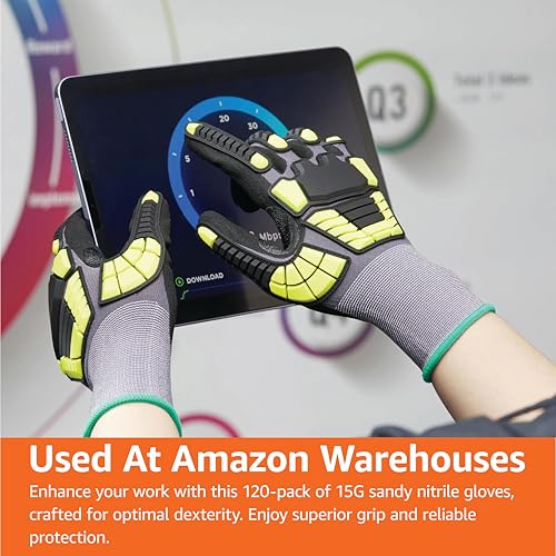 Amazon Basics Safety Work Gloves, Cut Level A1, Abrasion ANSI Level A4, Impact Protection, Touch Screen Friendly, 15G Sandy Nitrile Palm, Yellow, Size Medium, Pack of 120 Pairs - size: Medium