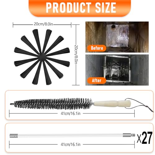 35Feet Chimney Sweep Kit,8 in Brush Head,Dryer Vent Cleaner Kit, Chimney Sweep&Chimney Cleaning Kit, Rotary Chimney Cleaning System for Flue/Fireplace/Sewage Pipe/Hood with 27 Nylon Flexible Rods - color: Large, size: 35FT