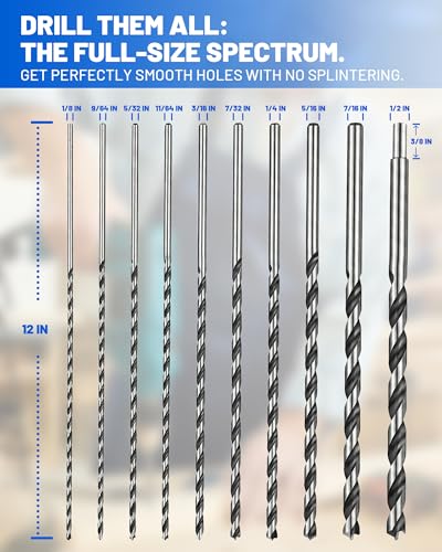 12” Extra Long Drill Bit Set, 10PCS Brad Point Drill Bits for Wood for Precise Woodworking with Laser Marks & Storage Case (1/8", 5/32", 3/16", 1/4", 5/16" 3/8", 7/16", and 1/2")