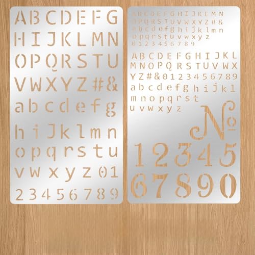 Metal Stencils for Wood Burning, 2 Pcs Stencils for Engraving Pen & Wood Burning, 4x7 Inch Reusable Alphabet Number Font Templates for Metal Leather Glass DIY Crafts
