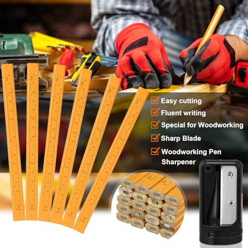 Honoson 200 Pcs Flat Construction Pencils with Printed Ruler Wood Graphite 2 Pcs Carpenter Pencil Sharpener for Woodworking Marking Tool(Wood) - color: Wood