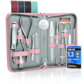 Manicure Set Women and Men – 12-Piece Professional Grooming Kit with Premium Tools, Genuine Leather Case, and Exclusive Glass Nail File for Hand & Foot Care, German Quality - color: Pink