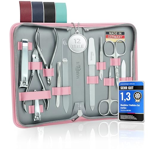 Manicure Set Women and Men – 12-Piece Professional Grooming Kit with Premium Tools, Genuine Leather Case, and Exclusive Glass Nail File for Hand & Foot Care, German Quality - color: Pink