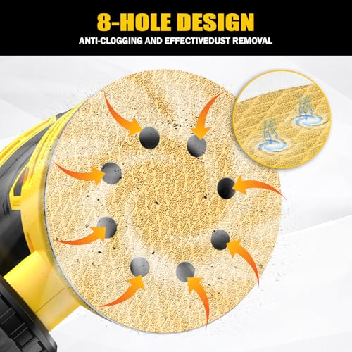 130Pcs 5 Inch 8-Hole Hook&Loop Sanding Discs, 220 Grit Diamond Yellow Sand, Dust-Free/Wear-Resistant, Latex Paper Base (No Fray), 135G Backing for Wood/Metal/Auto, DIY & Pros - style: 5inch-8Hole