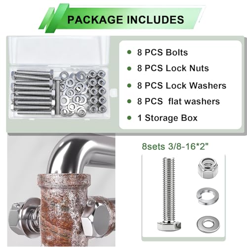 8 Sets 3/8-16×2" Stainless Steel Hex Head Screws Bolts, Nuts, Flat & Lock Washers,18-8(304) Full Thread - color: Silver, size: 3/8-16×2"(10 Sets)